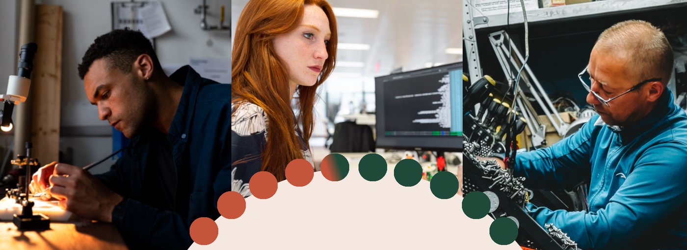 Trois experts au travail : microscope de précision, développement informatique, mécanique fine.